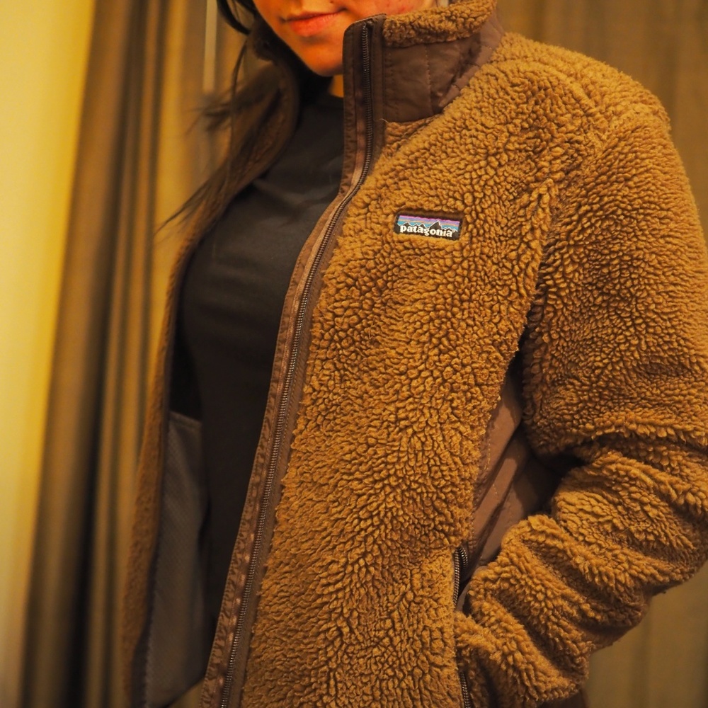 Brown, Patagonia fleece jacket.